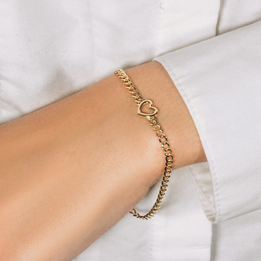14k Yellow Gold 7 inch Curb Chain Bracelet with Heart (3.40 mm) — view 10
