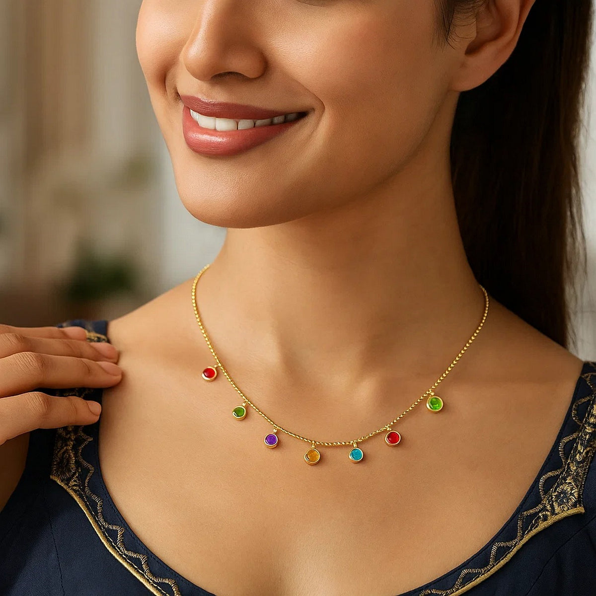 14k Yellow Gold Cable Chain Necklace with Round Multi-Tone Charms — view 3