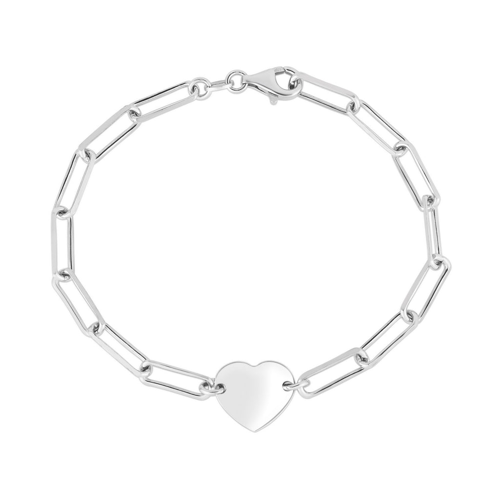 Sterling Silver Rhodium Plated Engravable Heart Paperclip Bracelet (2.10 mm) — view 2