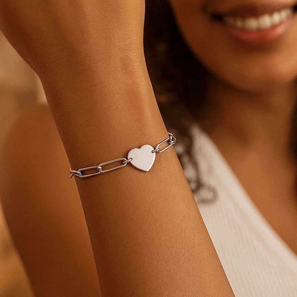 Sterling Silver Rhodium Plated Engravable Heart Paperclip Bracelet (2.10 mm) — view 5