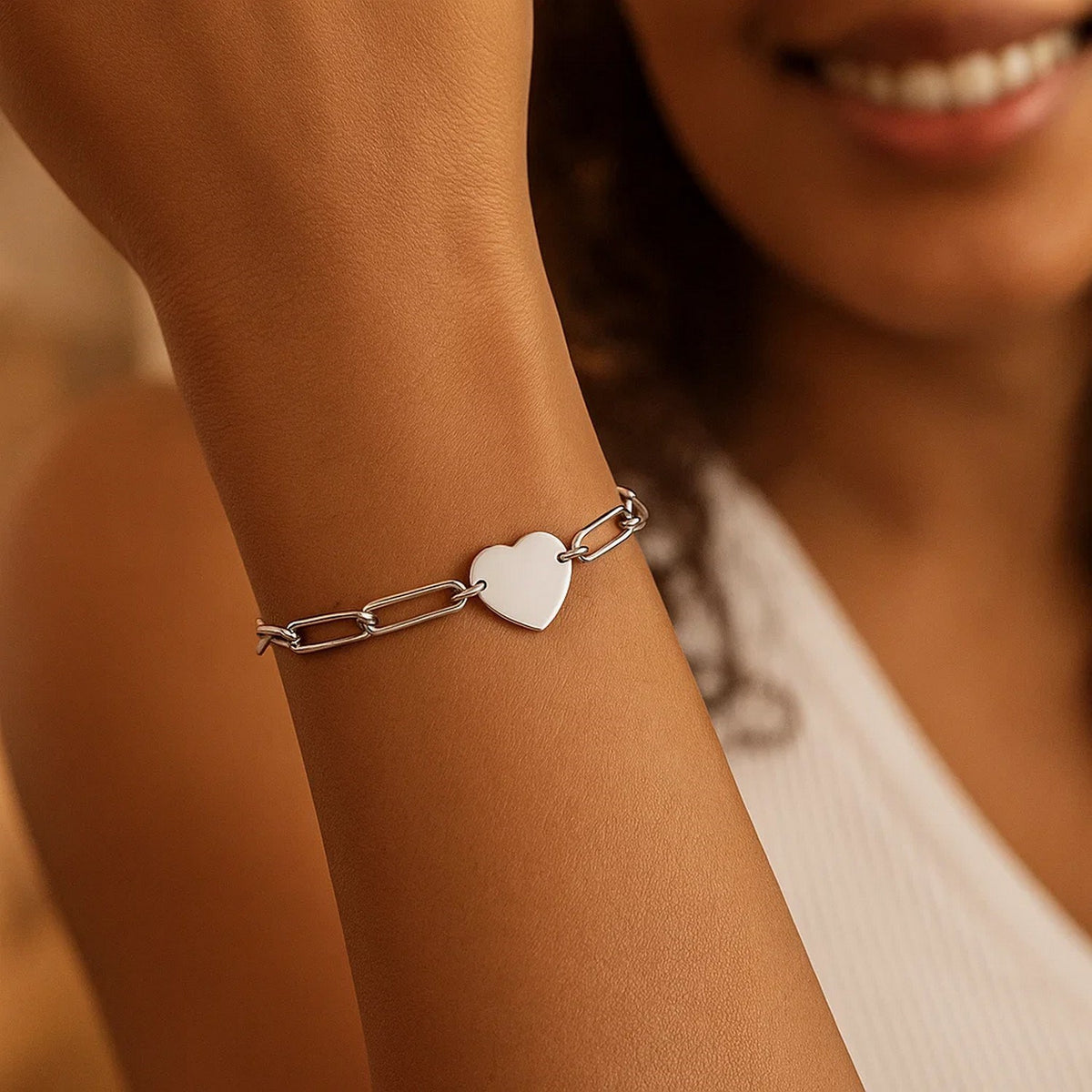 Sterling Silver Rhodium Plated Engravable Heart Paperclip Bracelet (2.10 mm) — view 5