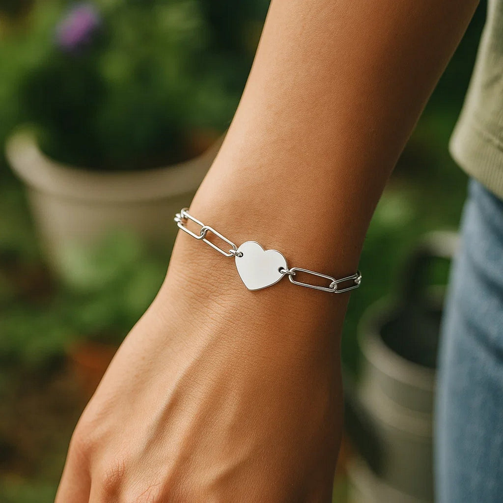 Sterling Silver Rhodium Plated Engravable Heart Paperclip Bracelet (2.10 mm) — view 7