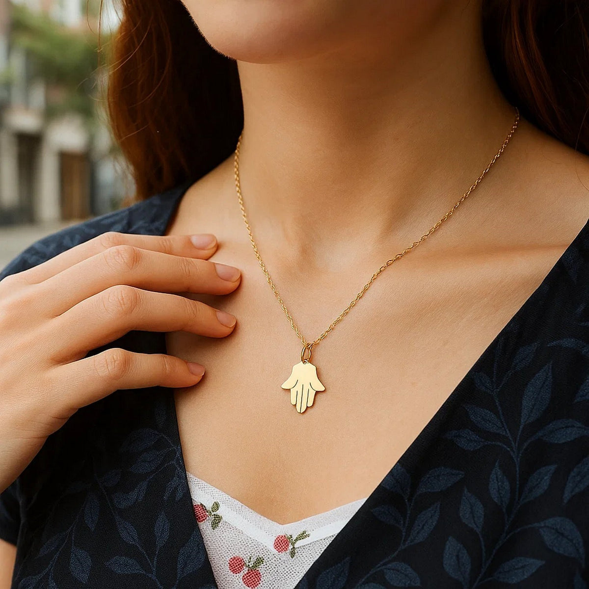 14K Yellow Gold Hand of Hamsa Necklace — view 3
