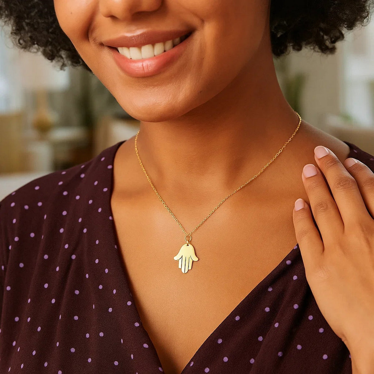 14K Yellow Gold Hand of Hamsa Necklace — view 6