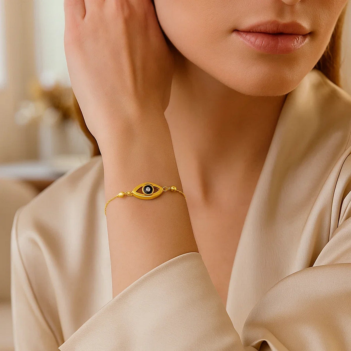 14k Yellow Gold Adjustable Evil Eye Bracelet (1.00 mm) — view 4
