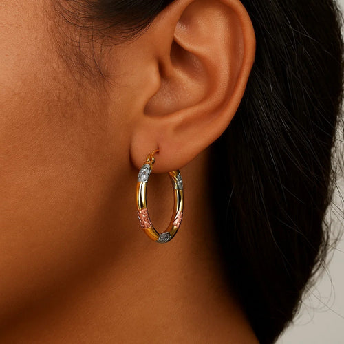 10k Tri-Color Gold Classic Hoop Earrings with Diamond Cut Details(20mm) — view 2