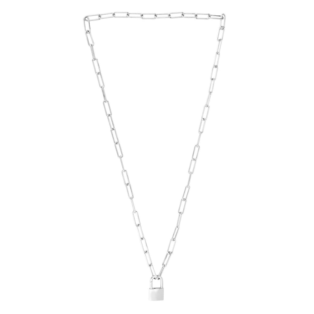 Sterling Silver Rhodium Plated Lock Paperclip Link Necklace — view 2
