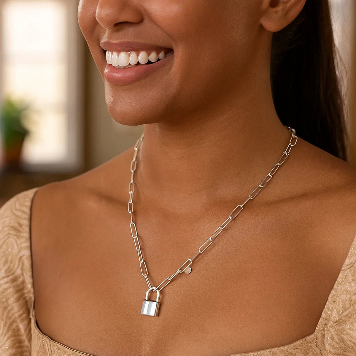 Sterling Silver Rhodium Plated Lock Paperclip Link Necklace — view 4