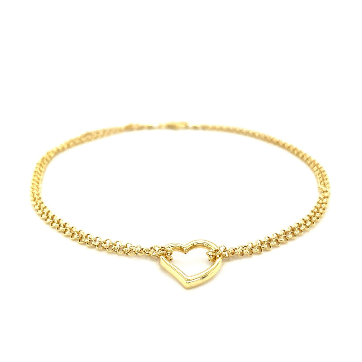 10k Yellow Gold Double Rolo Chain Anklet with an Open Heart Station — view 2