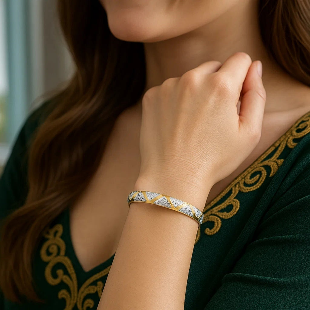 10k Two-Tone Gold Textured Zigzag Style Bangle (6.00 mm) — view 4