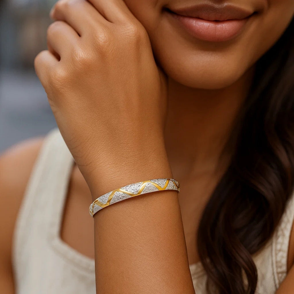 10k Two-Tone Gold Textured Zigzag Style Bangle (6.00 mm) — view 5