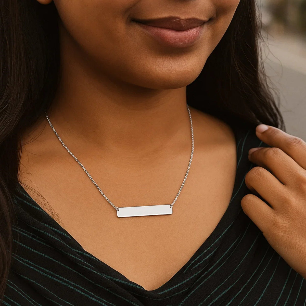 14k White Gold Smooth Flat Horizontal Bar Style Necklace — view 4